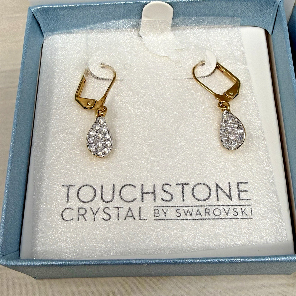 Touchstone Crystal by Swarovski Pave Teardrop Earrings Gold Tone in Box